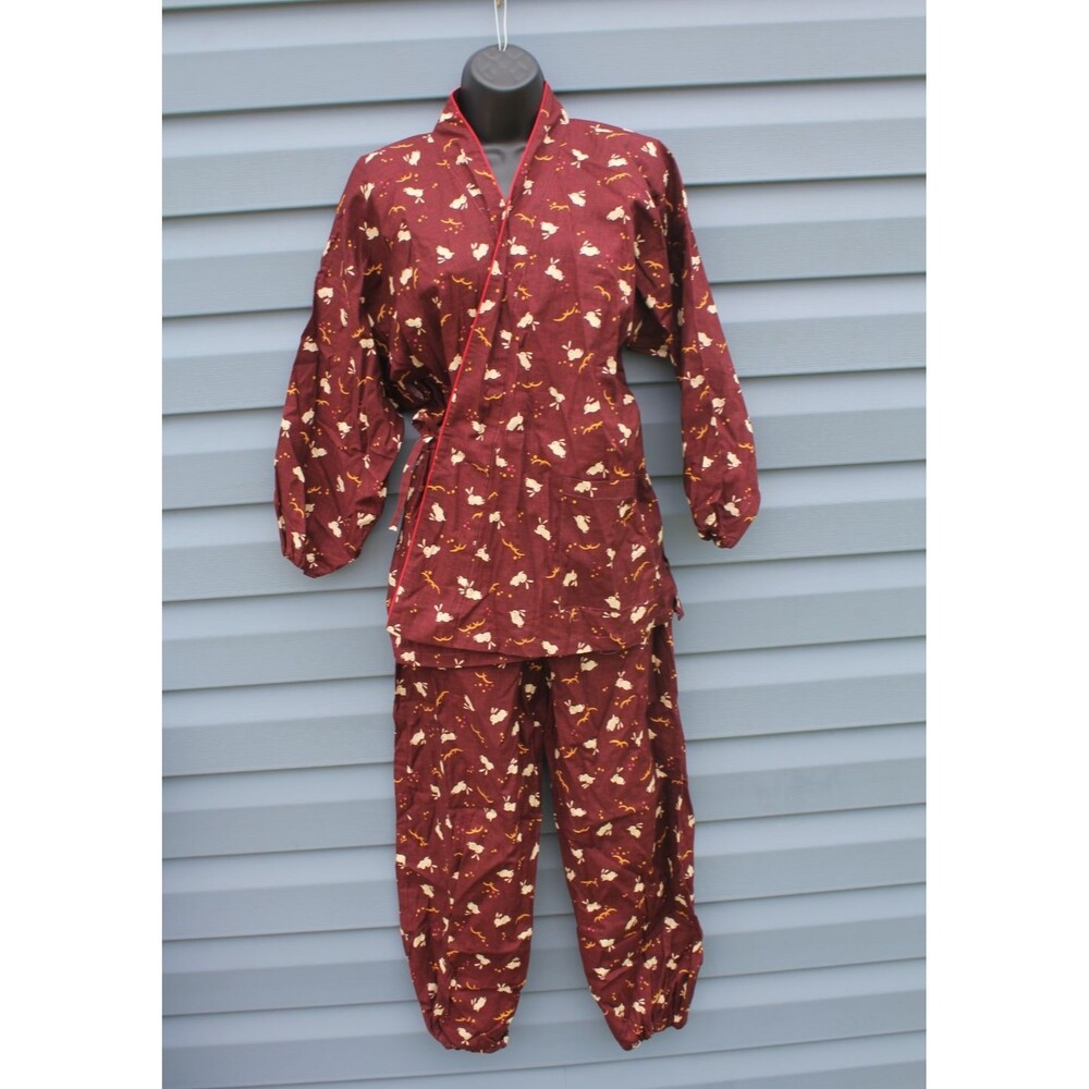 Japanese Kimono Samue Women Bunny Rabbits Pattern Komon OSFM NEW Brown Working